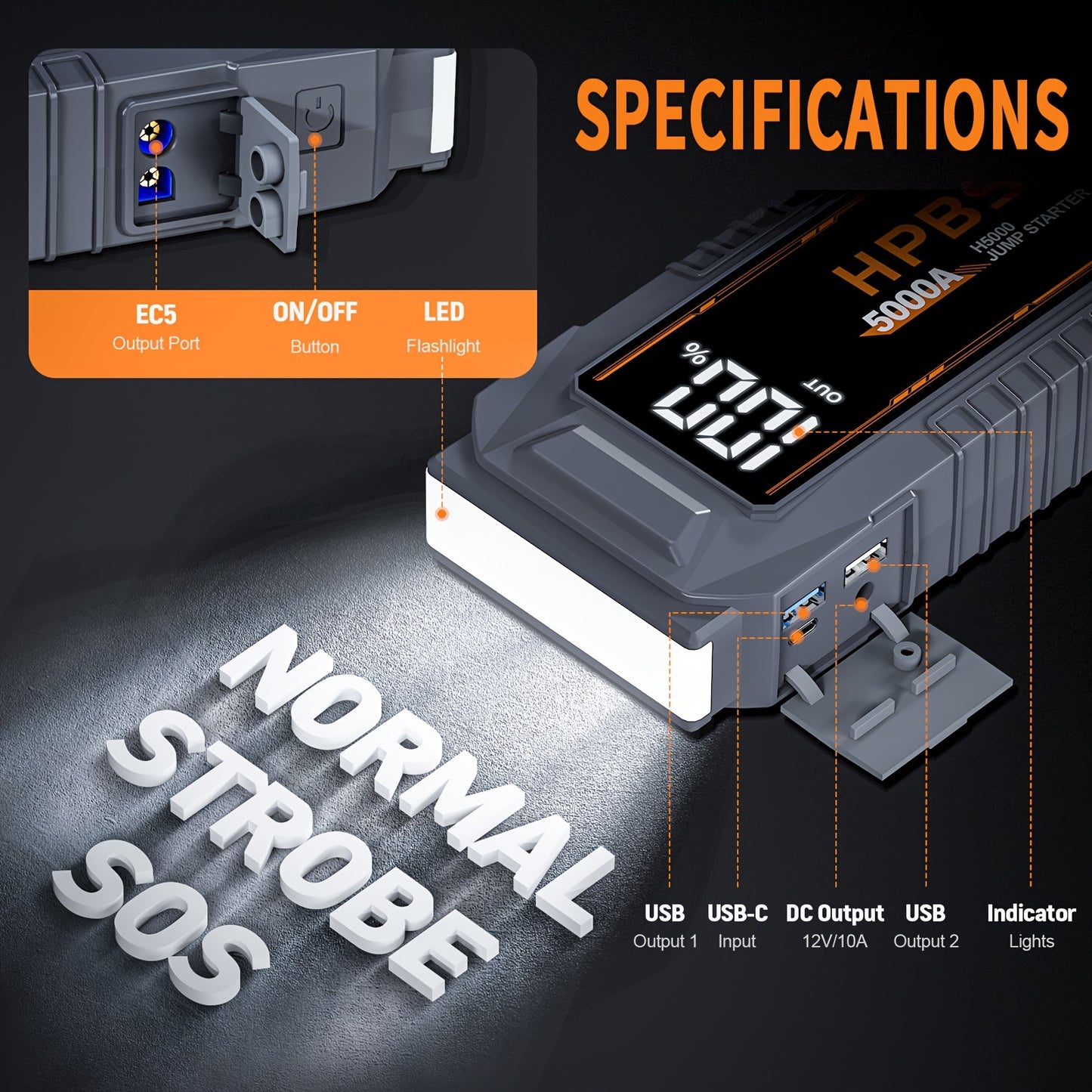 24000mAh HPBS 5000A Jump Starter Battery Pack with 12V Power Bank.