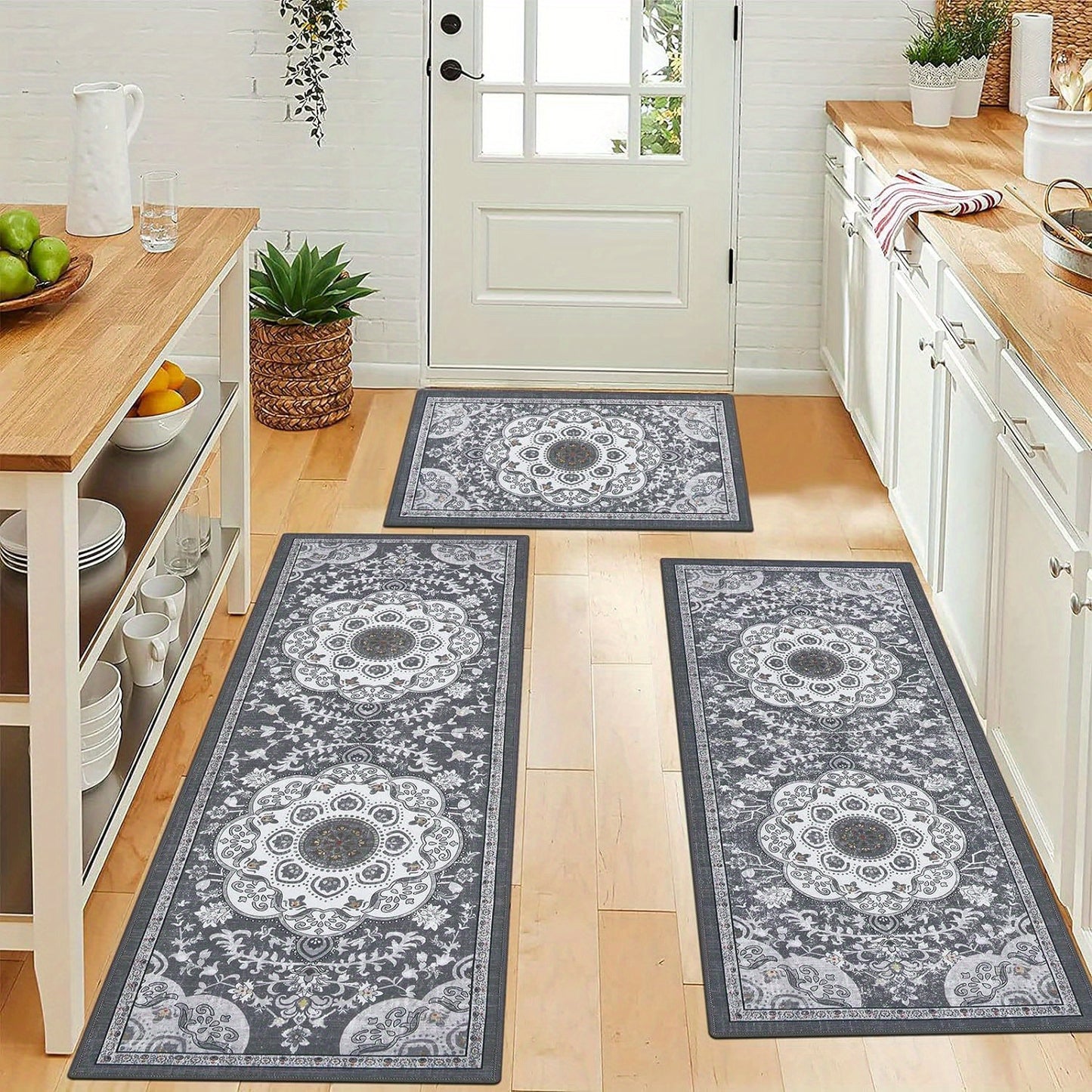 Boho 3 Piece Rug Set with Runner Non Slip Kitchen Floor Mat