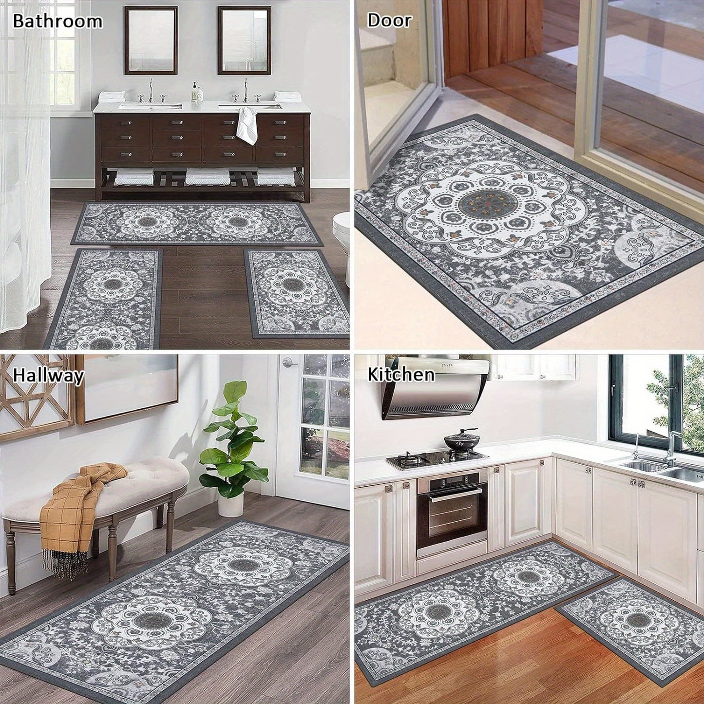 Boho 3 Piece Rug Set with Runner Non Slip Kitchen Floor Mat