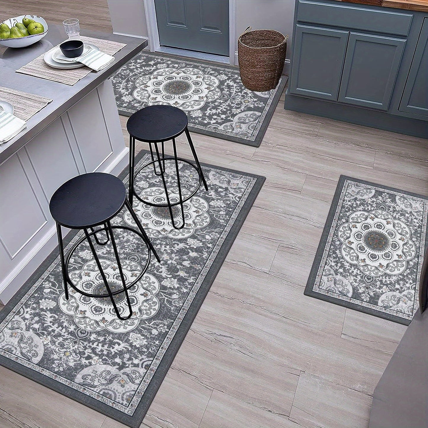 Boho 3 Piece Rug Set with Runner Non Slip Kitchen Floor Mat