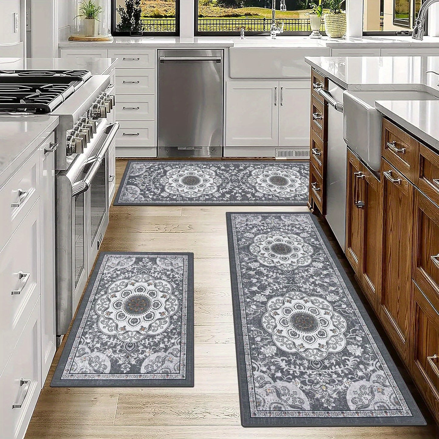 Boho 3 Piece Rug Set with Runner Non Slip Kitchen Floor Mat