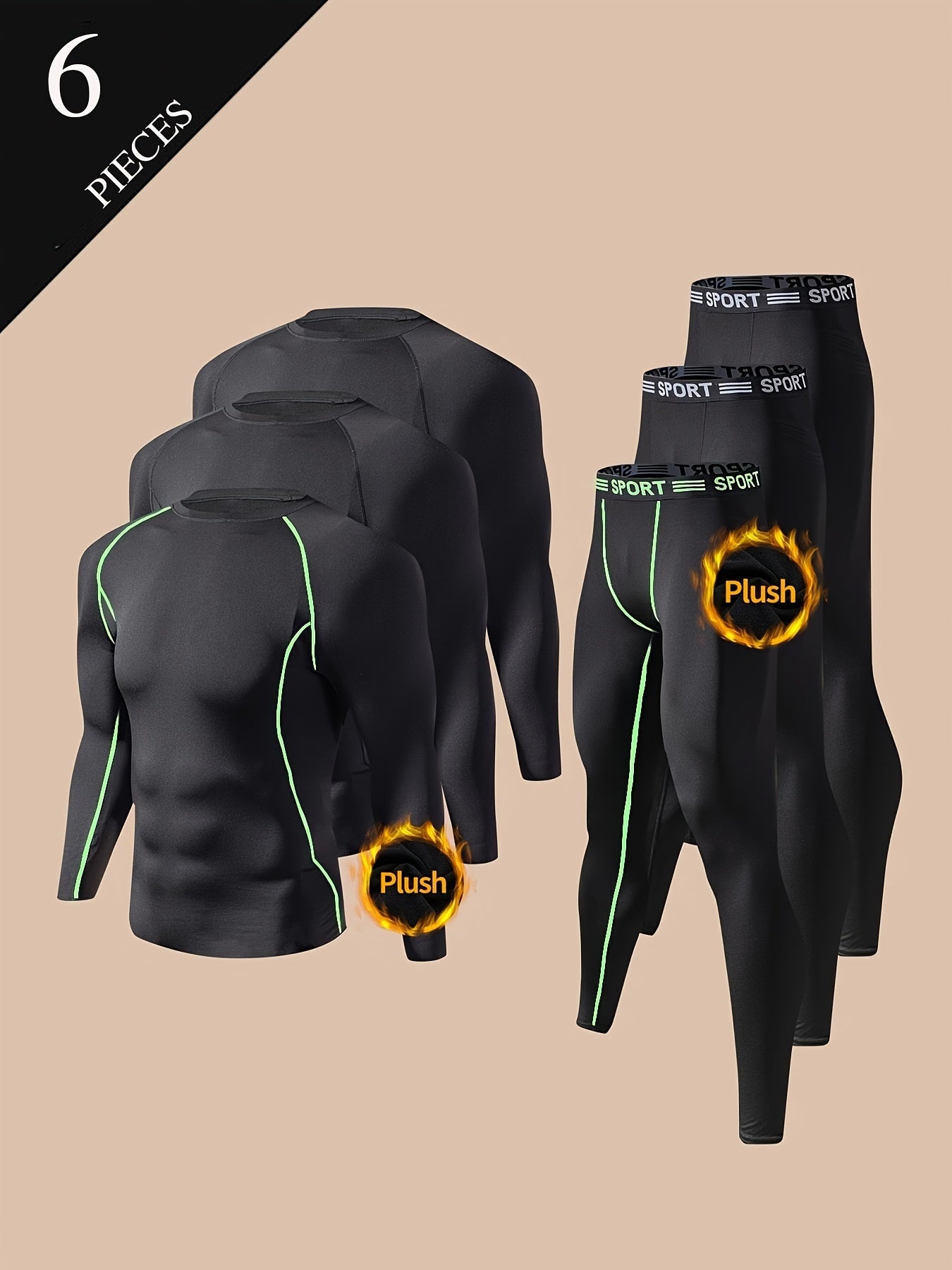 6pcs Men's Thermal Fleece-Lined Base Layer Set