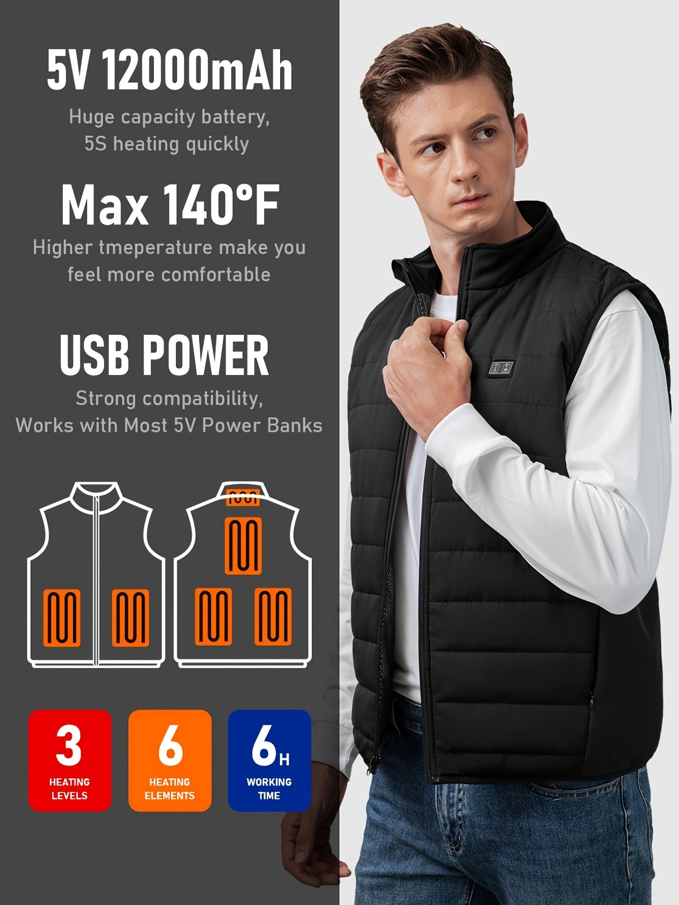 1pc Men's Heated Vest with 12000mAh Battery