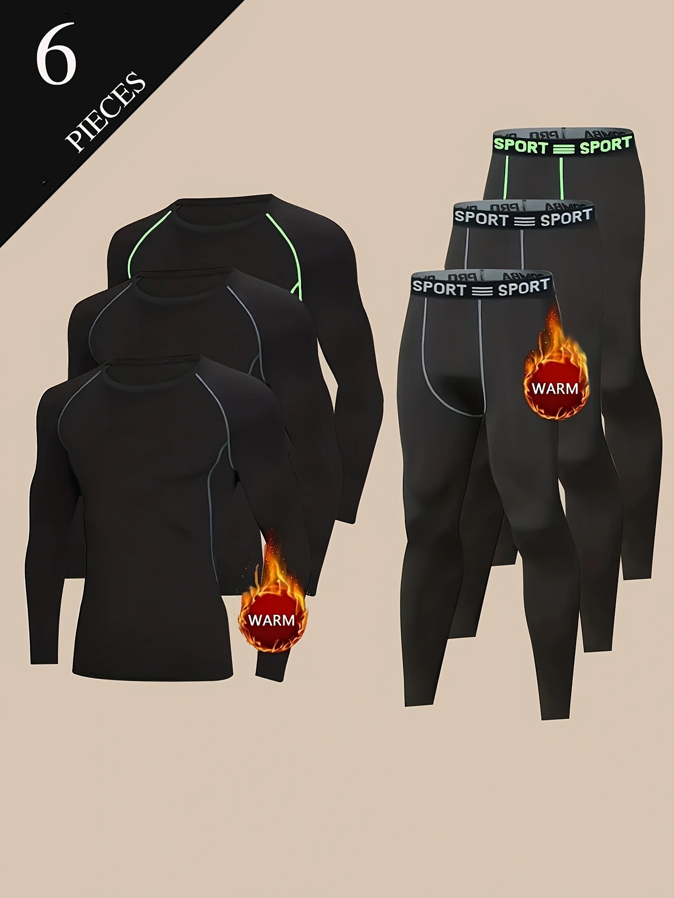 6pcs Men's Thermal Fleece-Lined Base Layer Set