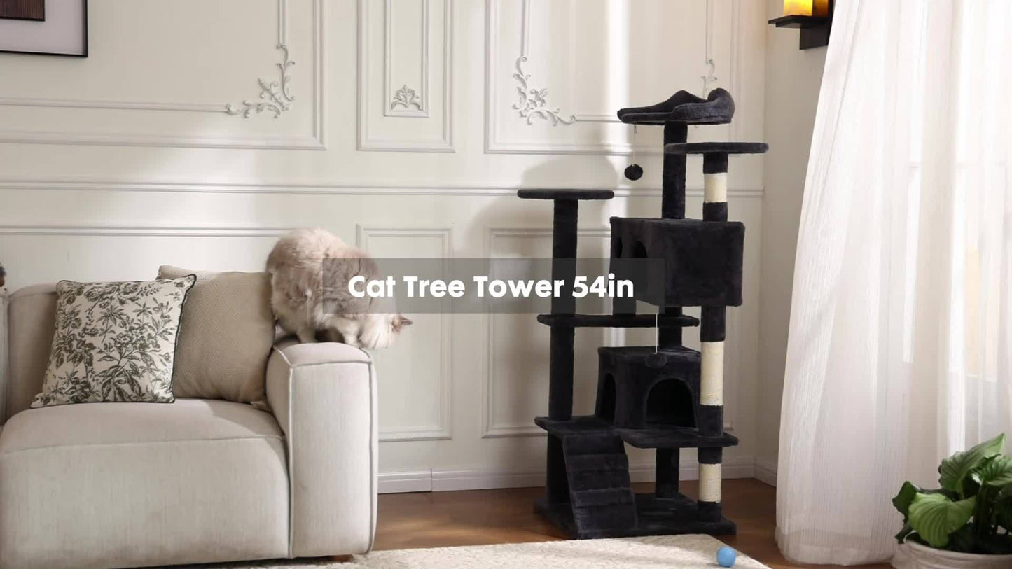 54in Cat Tree, Tower With Sisal Scratching Post For Indoors