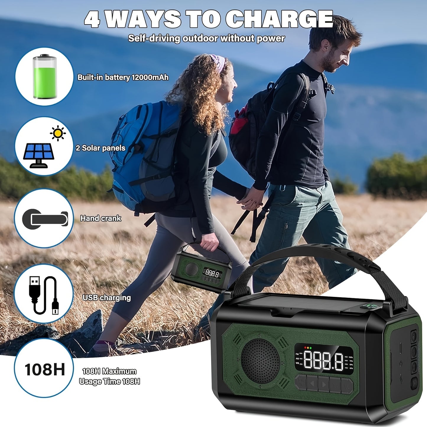 12000mAh Emergency Weather Radio - High-Capacity Solar Charger