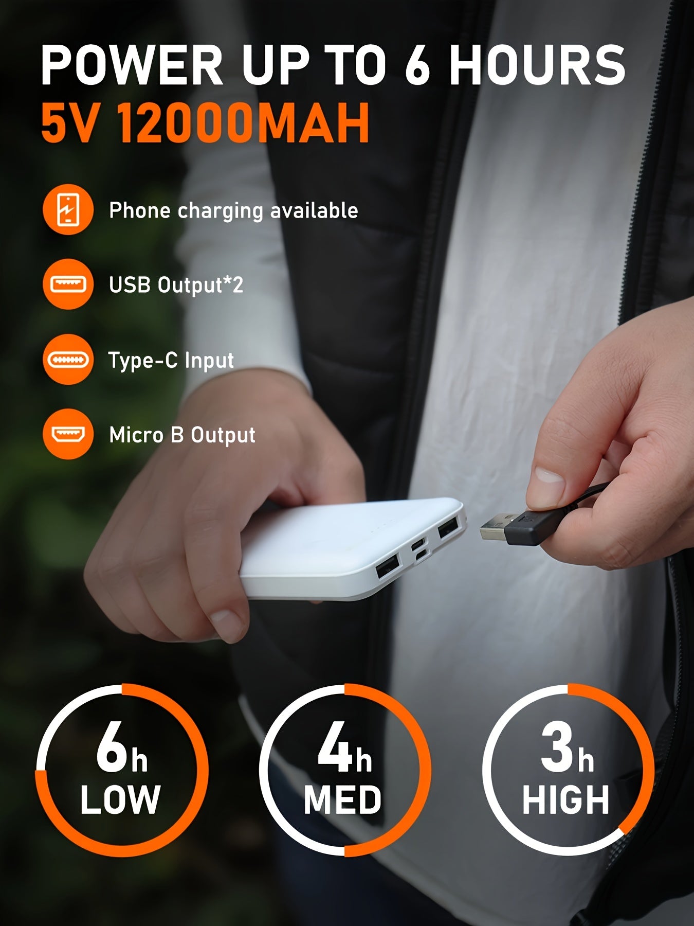 1pc Men's Heated Vest with 12000mAh Battery