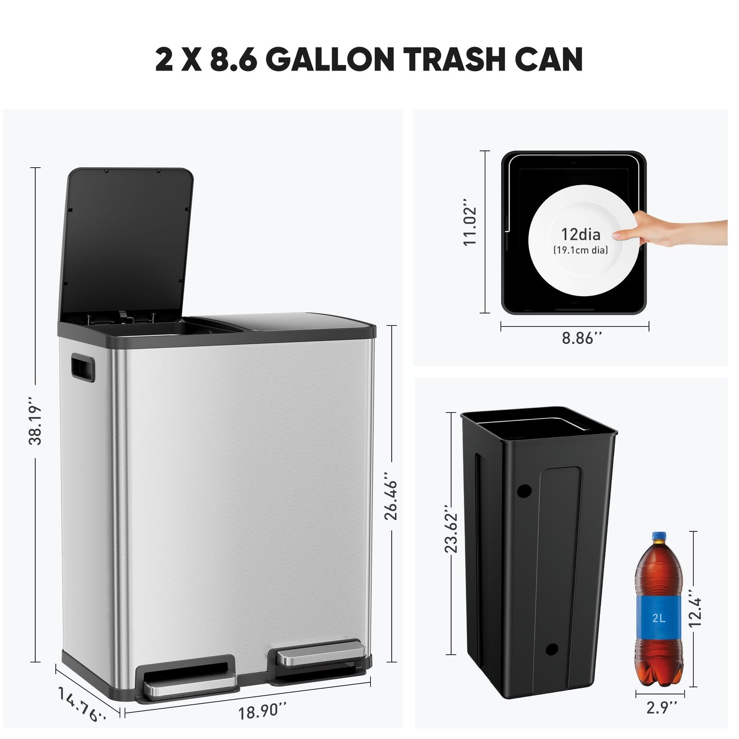 60 Liter Large Stainless Trash Can With Lid - Dual Compartment