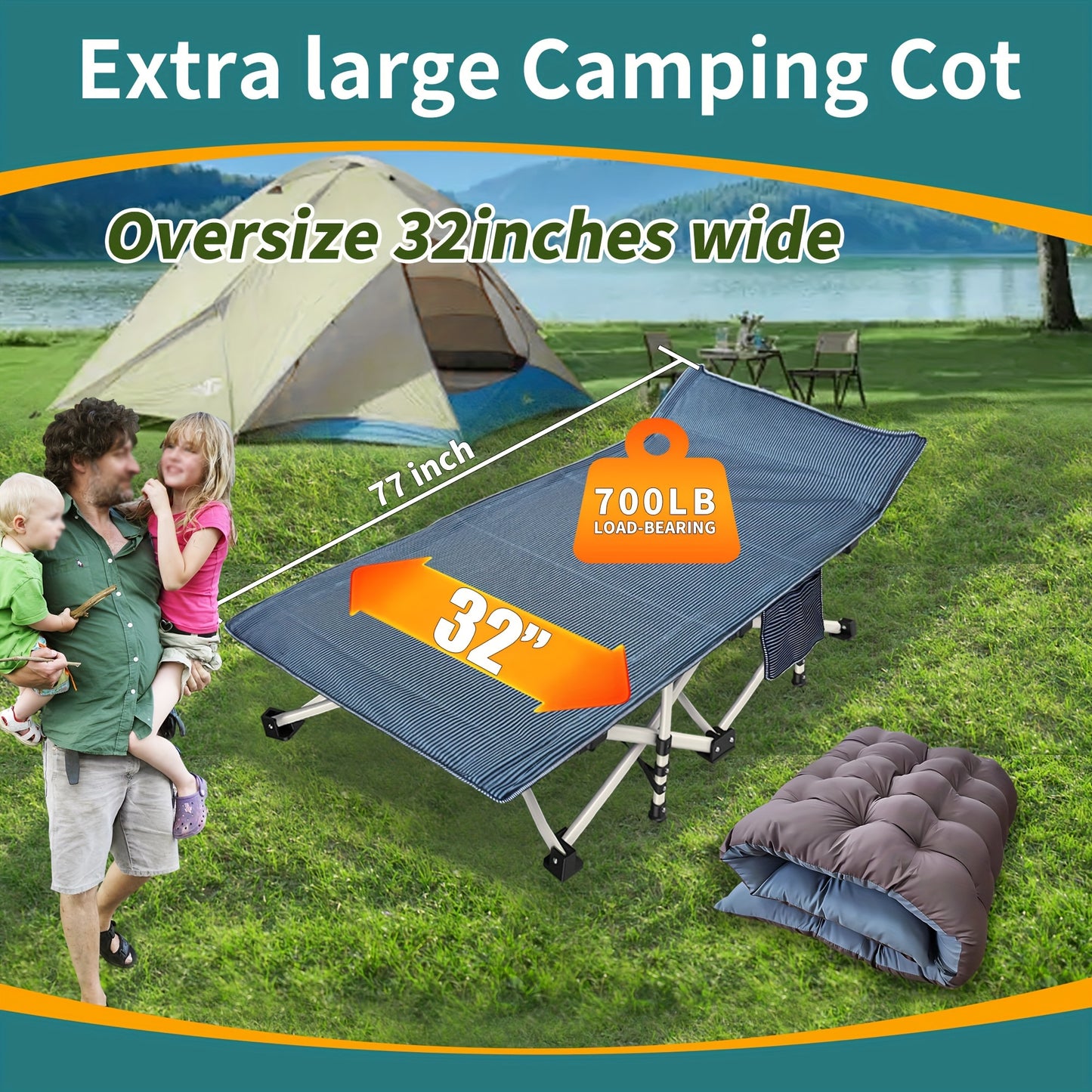 Oversized Camping Cot XXL 32 Inches Width With Comfortable Mattress