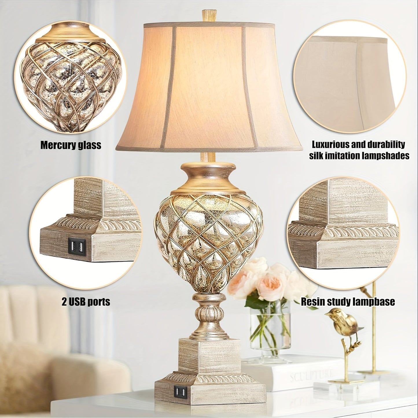 Set of 2, 29" Tall Traditional Elegant Table Lamps